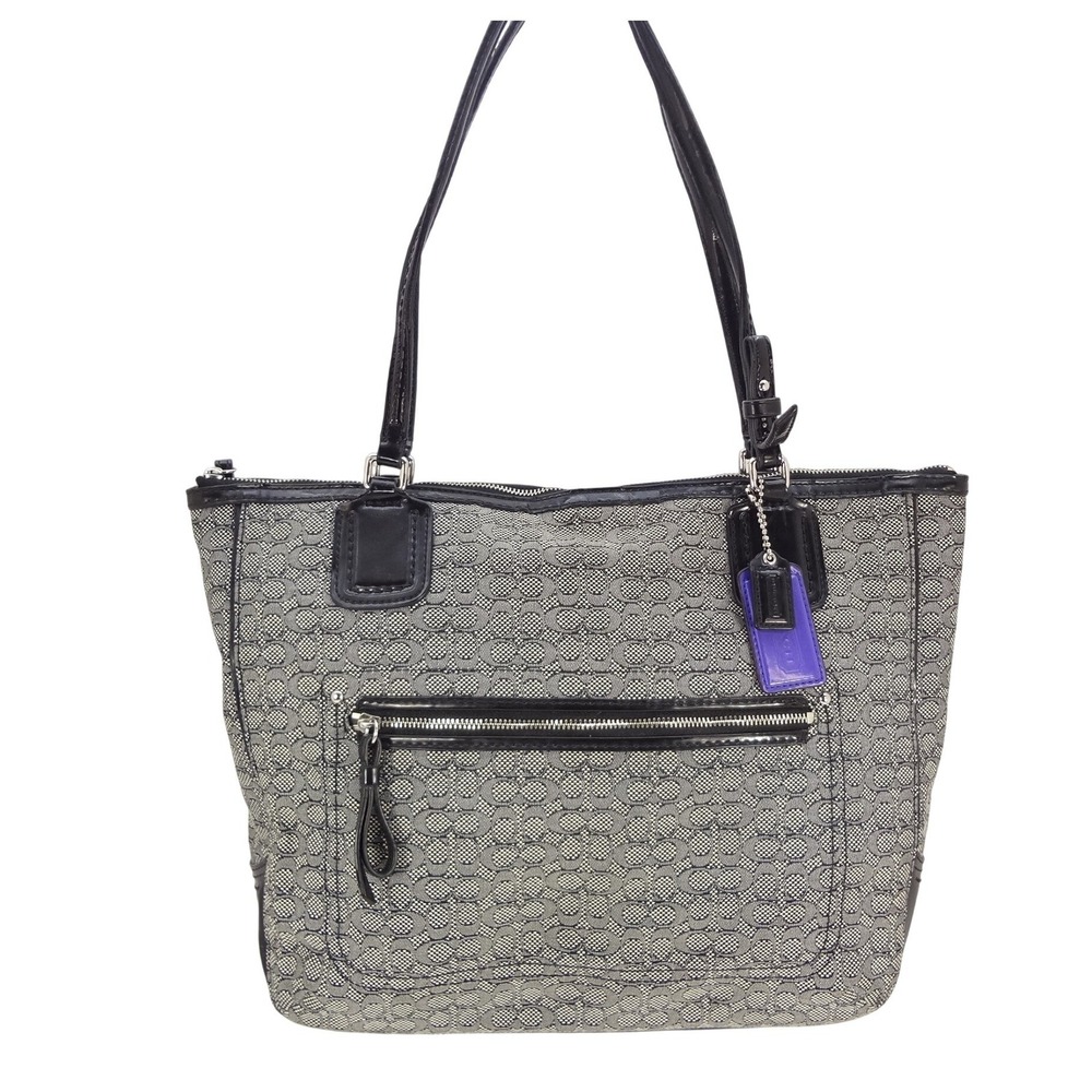 Coach Poppy Oxford Signature Tote Smoke Grey Black Jacquard‎ Patent Leather Bag